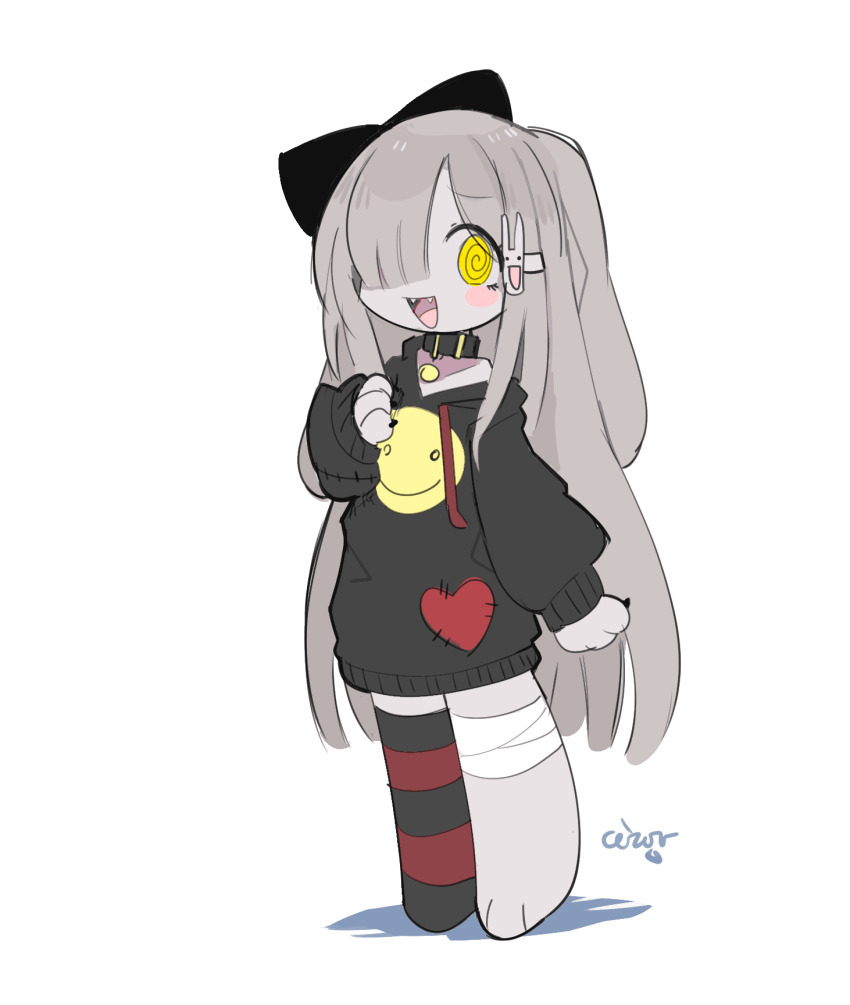 1girl @_@ animal_hands blunt_bangs blush_stickers borrowed_character bow ceroro chibi collar fangs floppy_ears hair_bow hair_ornament hair_over_one_eye highres original oyasu_miyo pale_skin rabbit_hair_ornament simple_background single_thighhigh sweater thighhighs white_background yellow_eyes