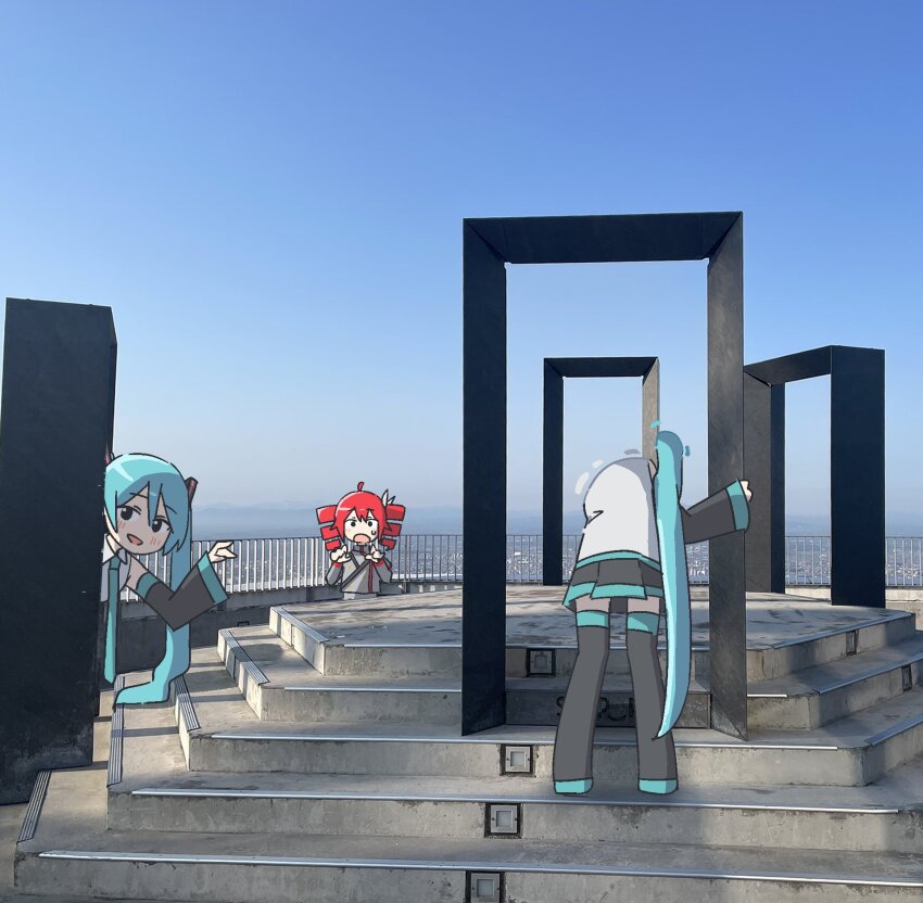 2girls ahoge auhuheben17 blue_hair blue_necktie blue_sky collared_shirt day detached_sleeves drill_hair hatsune_miku highres kasane_teto miniskirt multiple_girls necktie open_mouth outdoors photo_background portal_(object) railing red_hair shirt skirt sky sleeveless sleeveless_shirt stairs thighhighs twin_drills twintails utau v vocaloid