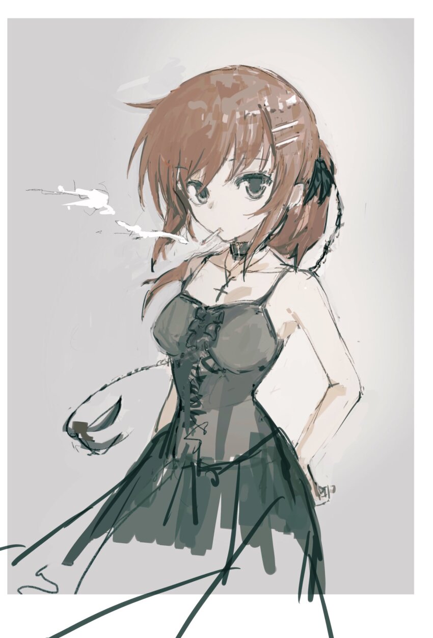 1girl parallel_hairclips black_choker black_dress breasts brown_eyes brown_hair choker cigarette cross cross_necklace dress hair_ornament hairclip highres jewelry looking_at_viewer medium_breasts minakami_yuki necklace ponytail sleeveless smoke smoking solo subarashiki_hibi taki_(a313131333)