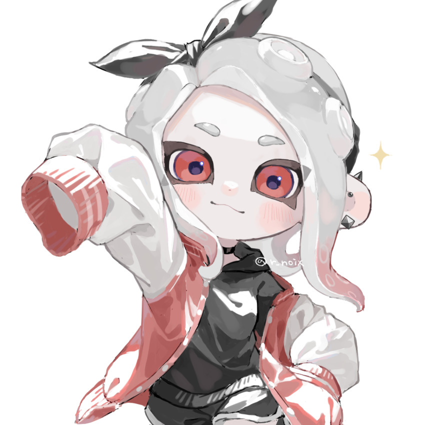 1girl artist_name black_bow black_choker black_hairband black_shirt black_shorts bow bow_hairband choker closed_mouth commentary commentary_request dolphin_shorts ear_piercing gradient_hair grey_hair hair_bow hairband highres jacket long_sleeves looking_at_viewer medium_hair multicolored_hair multicolored_jacket myon_rio nintendo octoling octoling_girl octoling_player_character open_clothes open_jacket piercing red_eyes red_hair red_jacket shirt short_shorts shorts simple_background sleeves_past_fingers sleeves_past_wrists smile solo splatoon_(series) straight-on symbol-only_commentary teeth tentacle_hair thick_eyebrows twitter_username two-tone_hair two-tone_jacket white_background white_jacket
