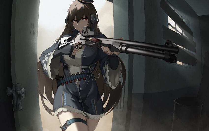 1girl aiming barrel benelli_m4_super_90 black_headwear blouse boarded_windows breasts brown_hair cero_(last2stage) commentary commission door dust elbow_gloves english_commentary fingerless_gloves fisheye girls&#039;_frontline gloves gun hair_between_eyes hair_ornament hairclip headphones heterochromia highres indoors large_breasts light_particles long_hair m1014 m1014_(girls&#039;_frontline) optical_sight parted_lips red_eyes shirt shotgun shotgun_shell solo thigh_strap trigger_discipline upper_body very_long_hair weapon white_shirt yellow_eyes