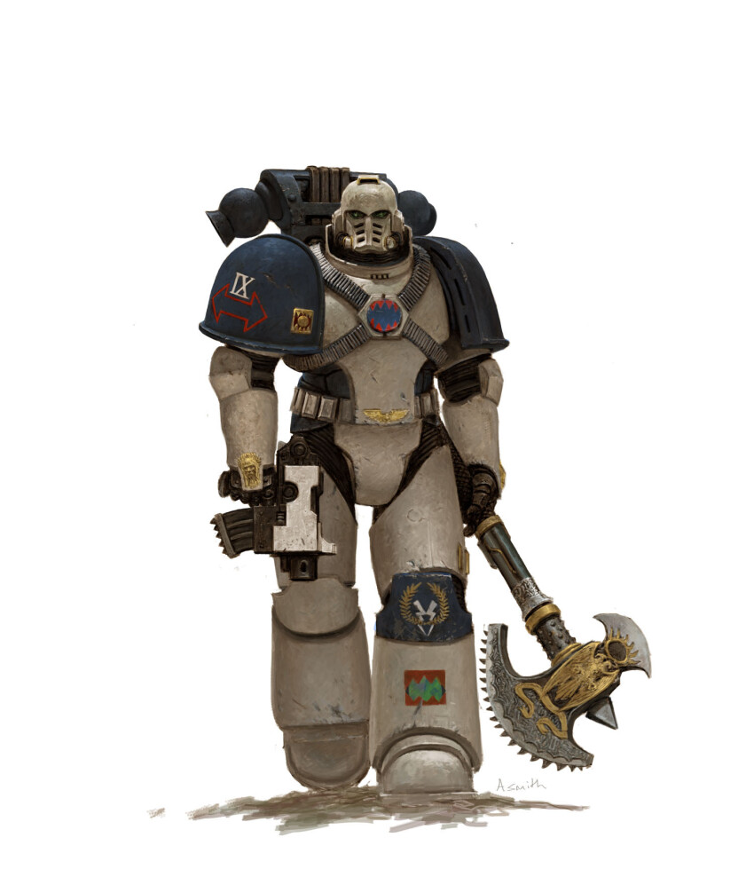 1boy adeptus_astartes adrian-smith armor armored_boots axe boots full_armor full_body gauntlets greaves helmet highres holding holding_axe holding_bolter imperial_aquila lightning_bolt_symbol looking_at_viewer male_focus ornate_weapon pauldrons power_armor roman_numeral shoulder_armor signature single_pauldron vambraces warhammer_40k white_background world_eaters