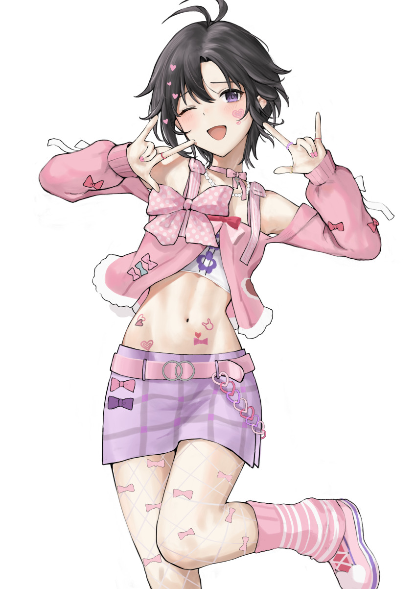 1girl absurdres aburi-gatana antenna_hair belt black_hair bow commentary_request double_w fashion fishnet_pantyhose fishnets hands_up heart highres idolmaster idolmaster_(classic) jewelry kikuchi_makoto leg_up long_sleeves looking_at_viewer nail_polish navel one_eye_closed open_mouth pantyhose pink_belt pink_bow pink_nails pink_shoes pink_skirt pink_socks purple_eyes ring shoes short_hair simple_background skirt smile socks solo standing standing_on_one_leg stomach w white_background