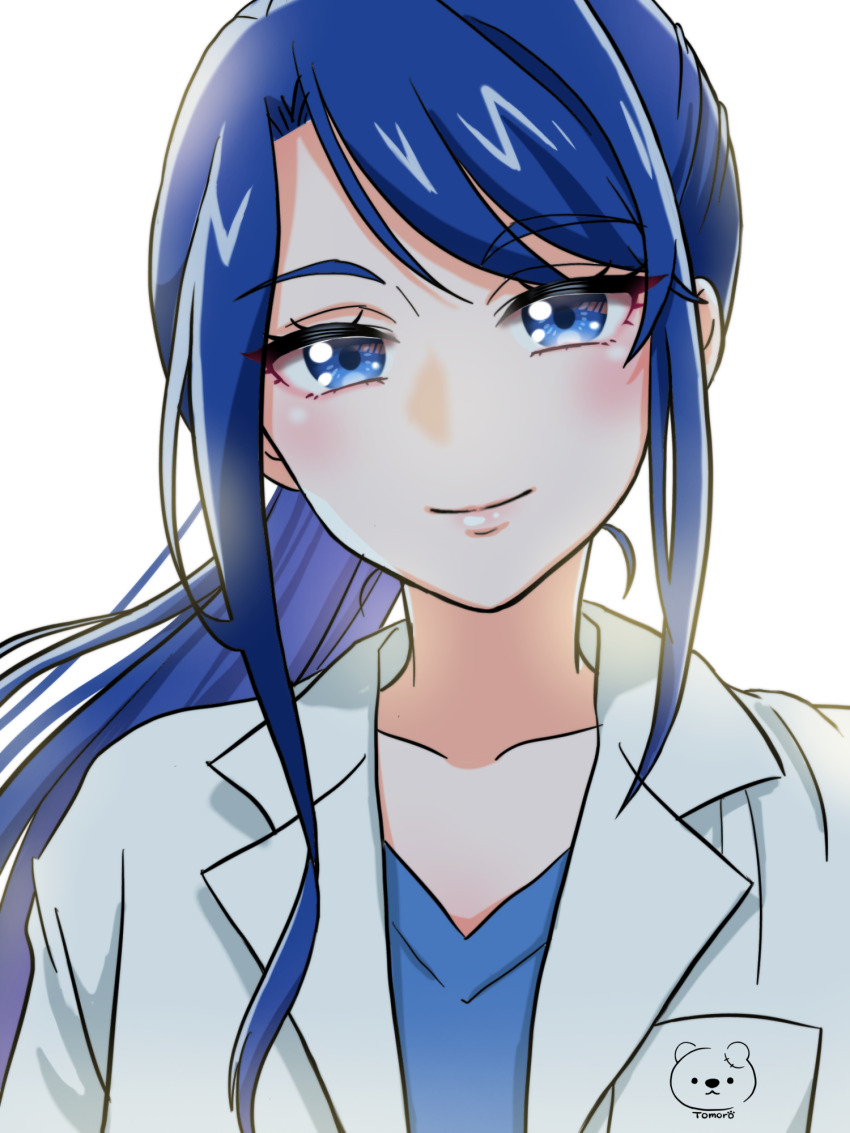 1girl artist_logo artist_name blue_eyes blue_hair blue_shirt blush closed_mouth hospital_gown jacket kibou_no_chikara_otona_precure_&#039;23 logo long_hair minazuki_karen moro_precure open_clothes open_jacket ponytail precure shirt solo upper_body white_jacket yes!_precure_5 yes!_precure_5_gogo!