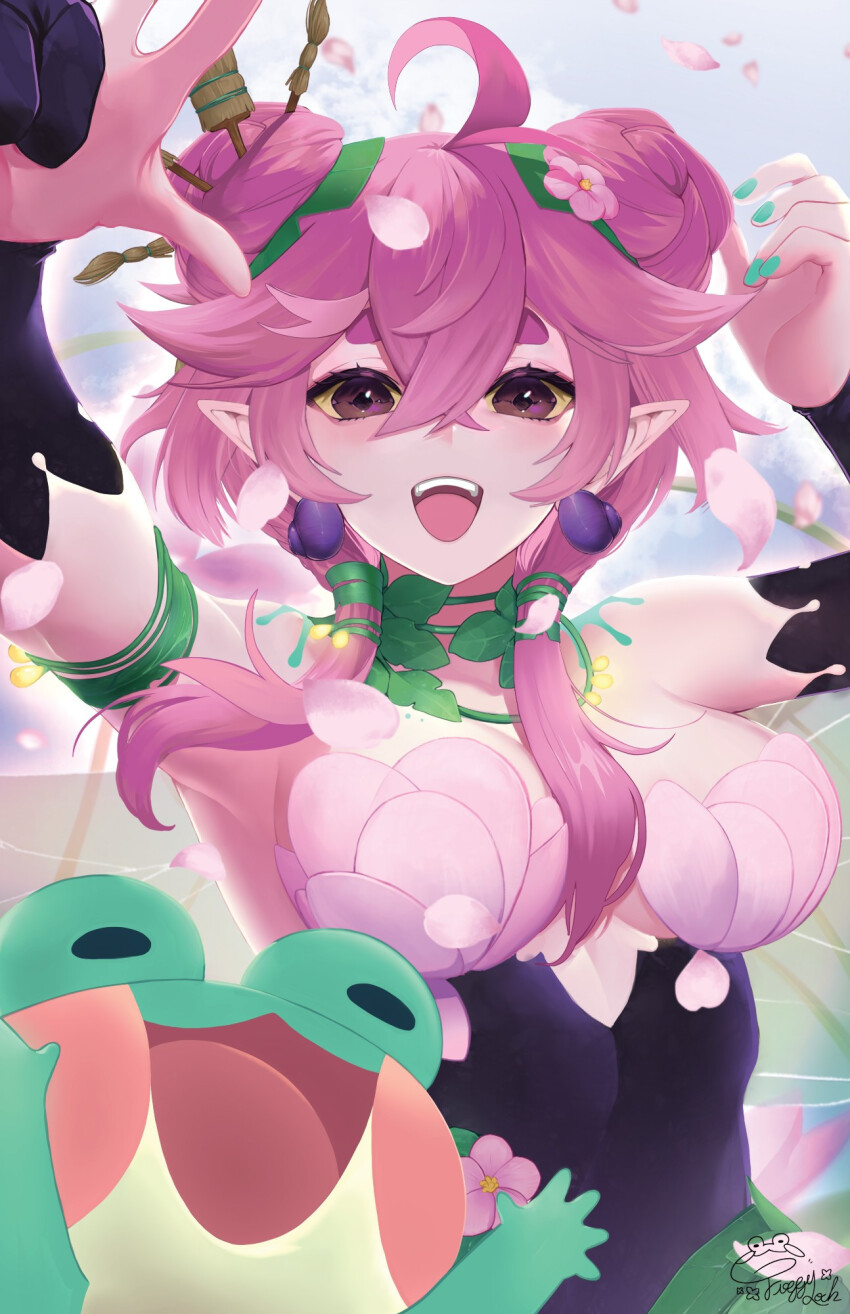animal arms_up artist_self-insert bare_shoulders bodysuit breasts cleavage colored_sclera colored_skin earrings fairy fairy_wings flower flower_bra frog froggyloch froggyloch_(vtuber) green_nails hair_bun hair_ornament highres indie_virtual_youtuber jewelry leaf leaf_clothing mascot medium_breasts open_mouth petals pink_hair pink_skin pointy_ears sidelocks smile virtual_youtuber wings yellow_sclera