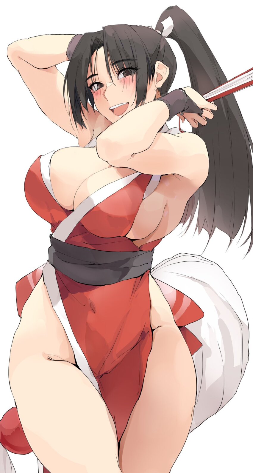 1girl arms_up bare_shoulders blush breasts brown_eyes brown_hair cleavage dress fatal_fury high_ponytail highres large_breasts long_hair looking_at_viewer ninja open_mouth parted_bangs pelvic_curtain ponytail red_dress sash shiranui_mai short_dress sideboob sidelocks smile solo the_king_of_fighters thighs zekkyon