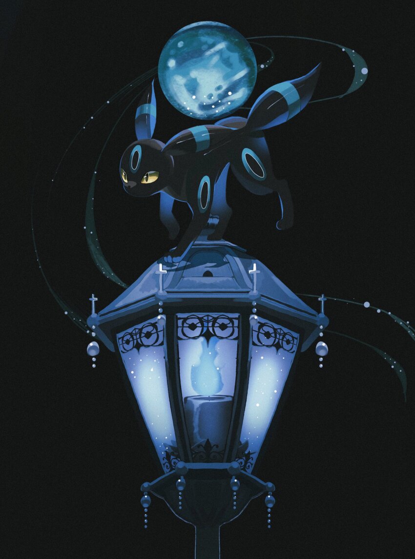 alternate_color animal_focus black_fur candle colored_sclera commentary_request fire full_moon gen_2_pokemon highres lamppost moon nintendo no_humans pokemon pokemon_(creature) pokemon_focus reo_(mmocc123) shiny_pokemon solo tail umbreon yellow_sclera