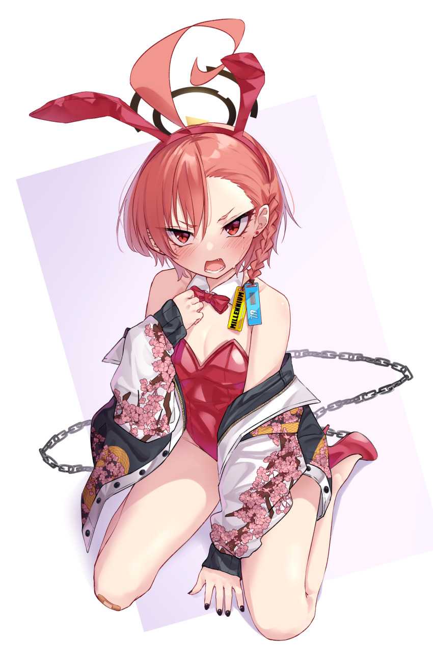 53c_(ray_cordova) ahoge animal_ears asymmetrical_bangs bandaid bandaid_on_knee bandaid_on_leg blue_archive bow bowtie braid detached_collar fake_animal_ears highres jacket leotard mole mole_under_eye neru_(blue_archive) neru_(bunny)_(blue_archive) orange_hair playboy_bunny print_jacket rabbit_ears rabbit_tail red_bow red_bowtie red_eyes red_leotard single_braid strapless strapless_leotard sukajan tail traditional_bowtie
