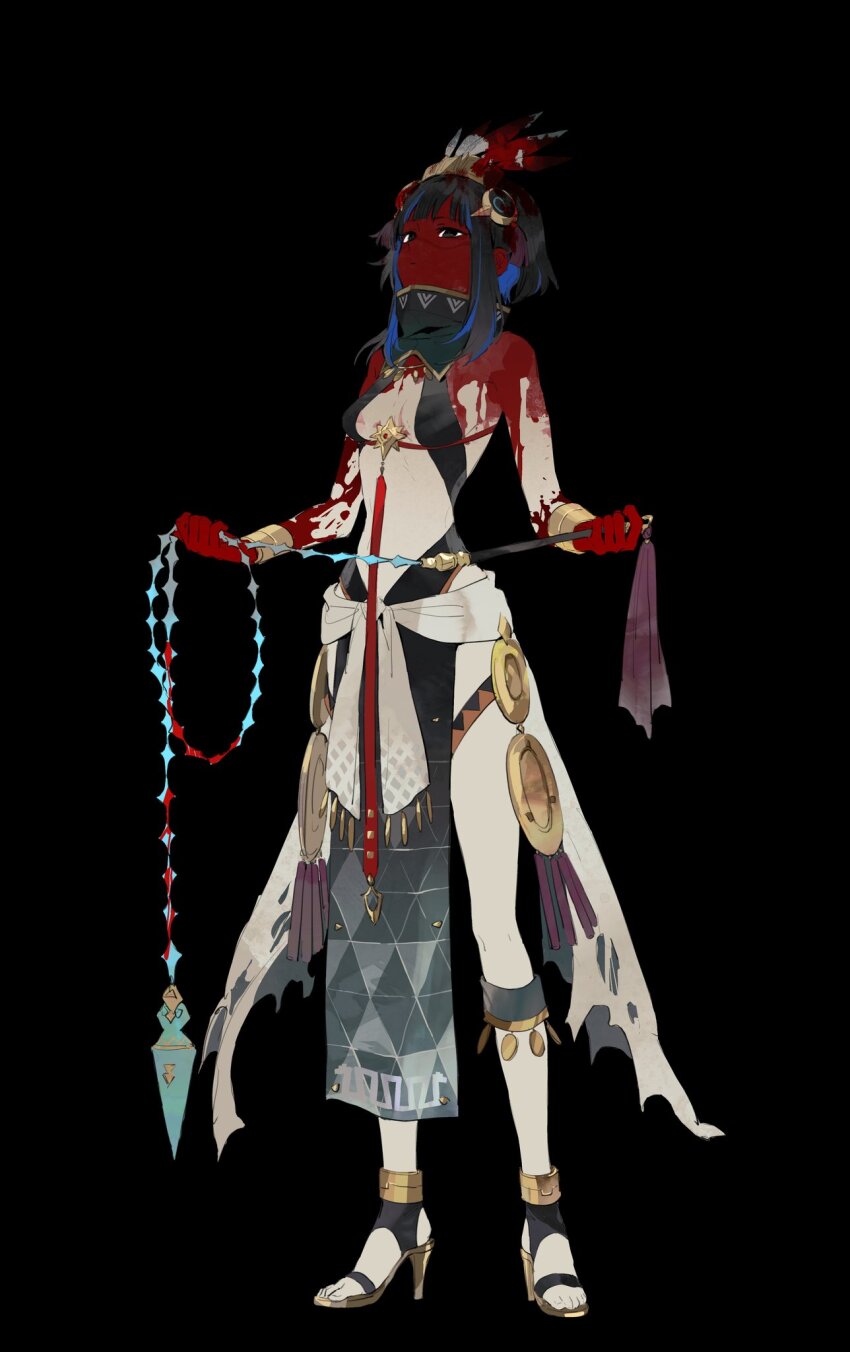 1girl anklet aztec black_background black_hair blood blood_on_face blood_on_hands blue_hair bracer breasts facepaint facial_mark fate/grand_order fate_(series) feathers full_body grey_eyes halterneck headdress high_collar high_heel_sandals high_heels highres holding holding_weapon holding_whip jewelry medium_breasts mexican_dress mimulishizi multicolored_hair pelvic_curtain revealing_clothes sandals short_hair_with_long_locks simple_background solo standing streaked_hair tenochtitlan_(fate) tenochtitlan_(first_ascension)_(fate) weapon whip