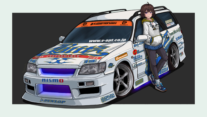 1girl 2004 black_pantyhose blue_footwear blush border breasts brown_eyes brown_hair car commentary d1_grand_prix dunlop english_commentary grey_background grey_border grey_socks hands_in_pocket highres hood hood_down hoodie looking_at_viewer medium_breasts motor_vehicle new_balance nismo nissan nissan_stagea original pantyhose shadow shoes short_hair skylinerpl smile sneakers socks vehicle_focus watermark web_address white_hoodie