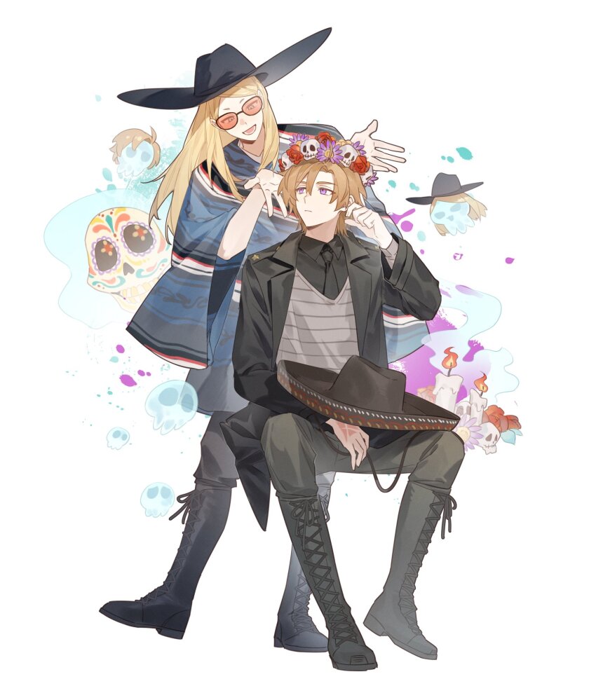 23hr55min 2boys black_coat black_pants blonde_hair blue_eyes blue_poncho candle coat daybit_sem_void fate/grand_order fate_(series) highres long_hair multiple_boys pants purple_eyes sunglasses tezcatlipoca_(ancient_mexico_exhibition)_(fate) tezcatlipoca_(fate)