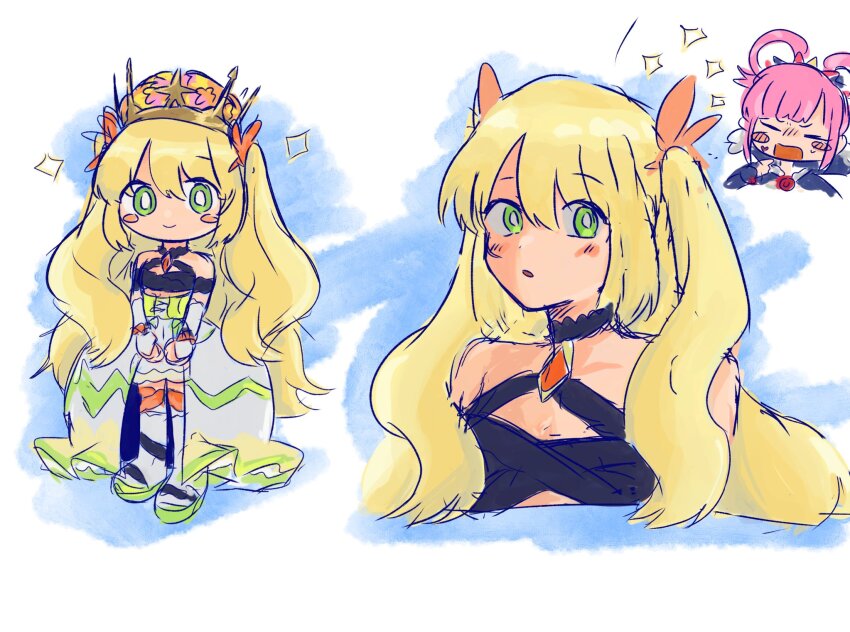 2girls :o bare_shoulders blonde_hair blush_stickers butterfly_hair_ornament celine_(fire_emblem) chibi chibi_inset closed_eyes closed_mouth crown dress fire_emblem fire_emblem_engage flower green_eyes hair_between_eyes hair_flower hair_ornament hair_rings highres hortensia_(fire_emblem) ichgomi multiple_girls multiple_views nintendo open_mouth pink_hair protected_link smile