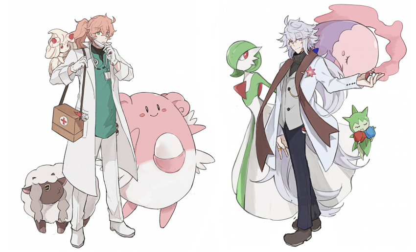 2boys ahoge alcremie alcremie_(strawberry_sweet) alcremie_(vanilla_cream) alternate_costume arm_at_side bag bell black_pants black_shirt blissey blue_bow bow brown_bag brown_footwear closed_mouth coat crossover fate/grand_order fate_(series) full_body gardevoir gen_2_pokemon gen_3_pokemon gen_5_pokemon gen_8_pokemon gloves green_eyes green_shirt grey_vest hair_between_eyes hair_bow holding holding_poke_ball id_card jewelry jingle_bell long_hair long_sleeves male_focus mask mask_pull merlin_(fate) merlin_(fgo_x_takarazuka_kinen)_(fate) mouth_mask multiple_boys munna nintendo official_alternate_costume on_shoulder open_clothes open_coat pants parted_lips pointy_ears poke_ball poke_ball_(basic) pokemon pokemon_(creature) pokemon_on_shoulder ponytail purple_eyes purple_hair ring romani_archaman roselia_(pokemon) ruoyin shirt shoes shoulder_bag simple_background smile soothe_bell standing stethoscope stethoscope_around_neck surgical_mask turtleneck undershirt vest white_background white_coat white_footwear white_gloves white_mask white_pants wooloo