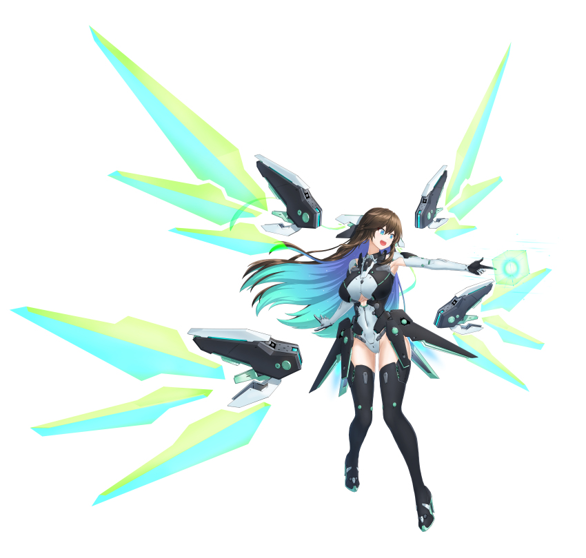 1girl absurdres aqua_eyes blue_eyes blue_hair boots breasts brown_hair clothing_cutout colored_inner_hair counter:side covered_navel detached_wings elbow_gloves energy_wings full_body gloves green_eyes highres large_breasts leotard long_hair maxilax mecha_musume mechanical_wings multicolored_hair open_mouth shin_jia smile solo thigh_boots thighhighs transparent_background two-tone_hair underboob_cutout wings