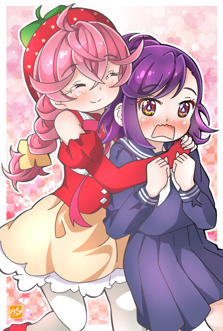 2girls :o acro_trip ahoge berry_blossom blush brown_eyes closed_eyes date_chizuko highres hug hug_from_behind long_sleeves magical_girl medium_hair multiple_girls pantyhose pink_background school_uniform serafuku skirt smile strawberry_hat symbol-shaped_pupils takecho triangle-shaped_pupils twintails white_pantyhose yuri