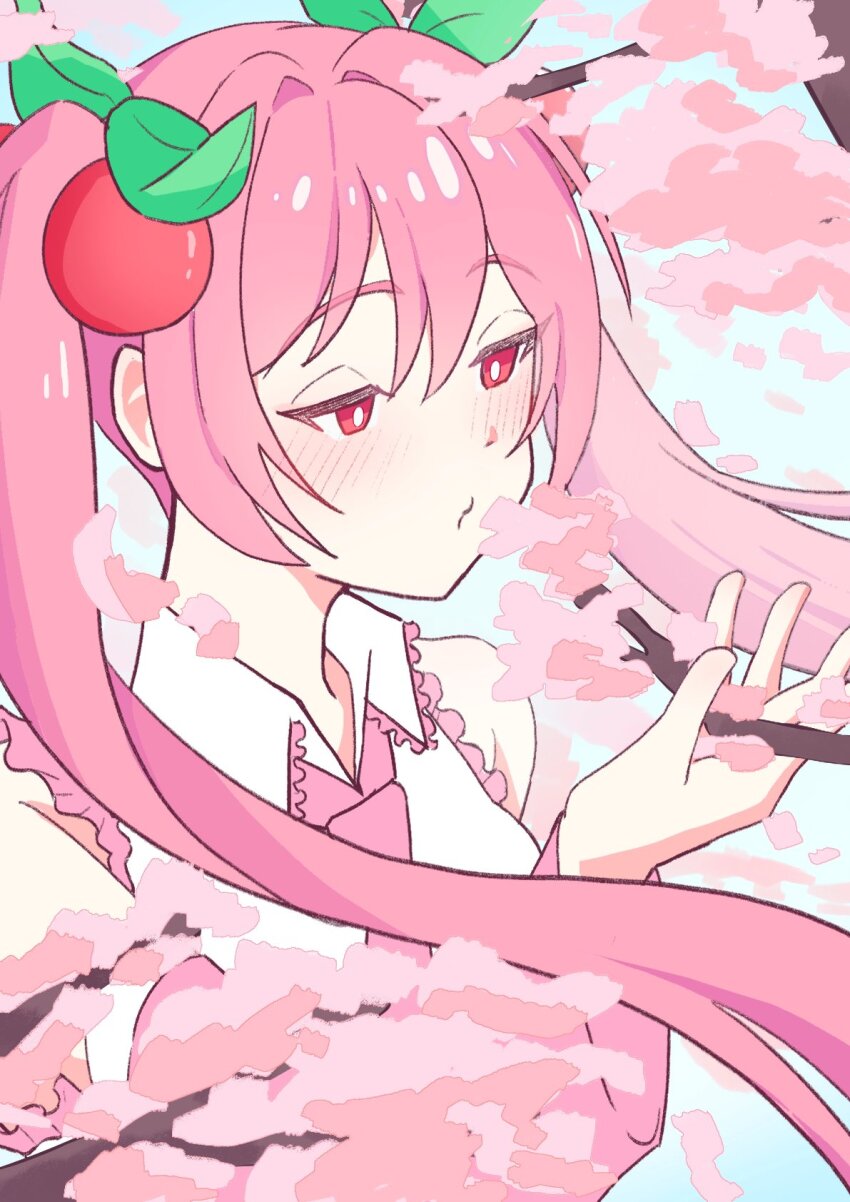 1girl bare_shoulders blush branch cherry_blossoms detached_sleeves food-themed_hair_ornament hair_ornament hatsune_miku highres holding holding_branch looking_down omochi_mochi27 pink_hair red_eyes sakura_miku solo strawberry_hair_ornament upper_body vocaloid