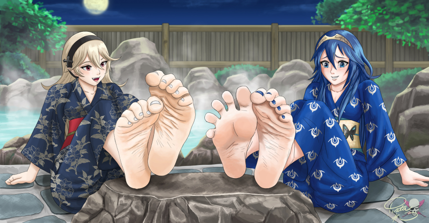 2girls arms_at_sides artist_request barefoot black_hairband blue_eyes blue_hair blue_toenails blush brand_of_the_exalt breasts butterfly_ornament clenched_hands collarbone curious embarrassed eyelashes fang feet feet_together feet_up female_corrin_(fire_emblem) fire_emblem fire_emblem_awakening fire_emblem_fates flat_chest flipped_hair foot_focus full_body full_moon grey_hair hair_between_eyes hair_flaps hair_ornament hairband happy intelligent_systems japanese_clothes kimono long_hair long_sleeves lucina_(fire_emblem) matching_hair/eyes medium_breasts moon multiple_girls nail_polish neck night night_sky nintendo obi official_alternate_costume onsen open_mouth print_kimono red_eyes sash sidelocks signature sitting sky soles spread_toes steam tiara toe_scrunch toenail_polish toenails toes white_toenails wide_sleeves yukata