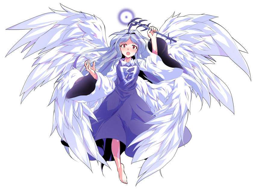 1girl :o alphes_(style) angel angel_wings barefoot blue_hair blush breasts collared_shirt commentary_request dairi dress feathered_wings feathers full_body genderswap genderswap_(otf) hair_intakes highres holding holding_wand large_variant_set left-handed long_hair long_sleeves looking_at_viewer multiple_wings open_mouth parody parted_bangs purple_dress red_eyes sariel_(touhou) seraph shirt smile solo style_parody touhou touhou_(pc-98) transparent_background variant_set very_long_hair wand white_shirt white_wings wide_sleeves wings