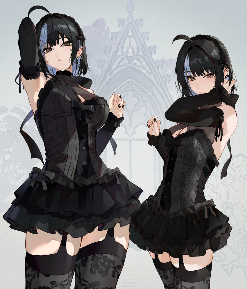 1girl absurdres armpits black_hair black_nails black_sleeves black_thighhighs blue_hair blush breasts brown_eyes cleavage commentary detached_sleeves dress english_commentary frilled_dress frills from_side garter_straps goth_fashion hand_in_own_hair highres irene_(kanniiepan) kanniiepan lace lace-trimmed_dress lace-trimmed_sleeves lace_trim large_breasts looking_at_viewer mole mole_on_breast mole_under_eye multiple_views nail_polish original skindentation thighhighs thighs white_background zettai_ryouiki