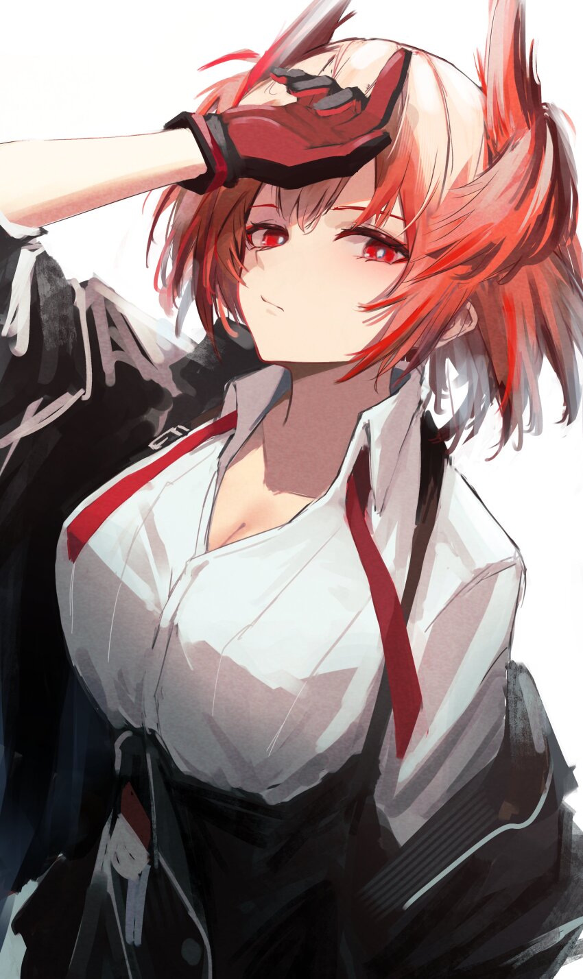 1girl absurdres animal_ears arknights arm_up bird_ears black_gloves black_jacket black_skirt breasts bright_pupils cleavage closed_mouth collarbone collared_shirt commentary_request dress_shirt multiple_expressions eyelashes fiammetta_(arknights) from_above from_side gloves hair_between_eyes hand_on_own_forehead head_back high-waist_skirt highres jacket large_breasts long_sleeves looking_at_viewer looking_to_the_side looking_up necktie nekomatamago open_clothes open_jacket partially_unbuttoned red_eyes red_hair red_necktie shadow shirt short_hair simple_background single_off_shoulder skirt solo suspender_skirt suspenders two-sided_fabric two-sided_gloves undone_necktie upper_body white_background white_pupils white_shirt wing_collar
