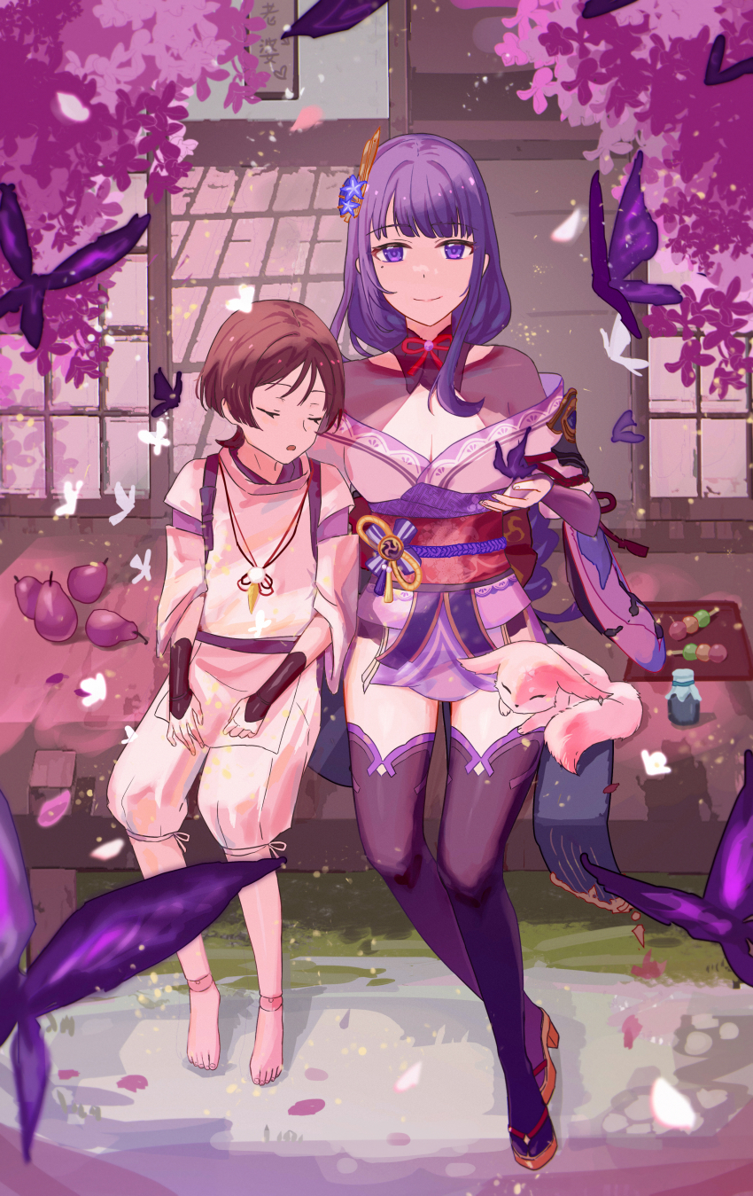 1boy 1girl absurdres age_difference armor asymmetrical_sleeves back_bow blunt_bangs blurry bow braid breasts bridal_gauntlets bug butterfly cherry_blossoms cleavage closed_eyes closed_mouth clothing_cutout crystalfly_(genshin_impact) dango dango_milk_(genshin_impact) dappled_sunlight depth_of_field doll_joints electro_symbol_(genshin_impact) falling_petals feather_necklace flower food genshin_impact glowing_butterfly gradient_hair hair_between_eyes hair_ornament highres inixixi insect japanese_clothes jewelry joints kimono large_breasts light_smile long_braid long_hair looking_up mitsudomoe_(shape) mole mole_under_eye mother_and_son multicolored_hair necklace off_shoulder onee-shota open_mouth outdoors petals purple_butterfly purple_eyes purple_flower purple_hair purple_kimono purple_nails purple_thighhighs raiden_shogun red_sash robot_joints sash scaramouche_(genshin_impact) scaramouche_(kabukimono)_(genshin_impact) shade shadow short_hair shota shoulder_armor shoulder_cutout single_braid sitting sleeping streaked_hair sunlight thighhighs tomoe_(symbol) tree tree_shade uneven_sleeves wagashi wide_sleeves yae_miko yae_miko_(fox)