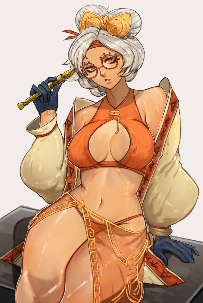 1girl absurdres adapted_costume bare_shoulders black_gloves breasts coat commentary crop_top english_commentary eyeshadow eyewear_on_head gelldraws glasses gloves grey_background grey_coat hair_ornament hair_stick highres holding large_breasts looking_at_viewer makeup navel nintendo off_shoulder open_mouth orange_panties panties purah red-framed_eyewear red_eyes red_eyeshadow round_eyewear sarong sheikah shirt short_hair sitting sleeveless sleeveless_shirt solo the_legend_of_zelda the_legend_of_zelda:_tears_of_the_kingdom underwear updo
