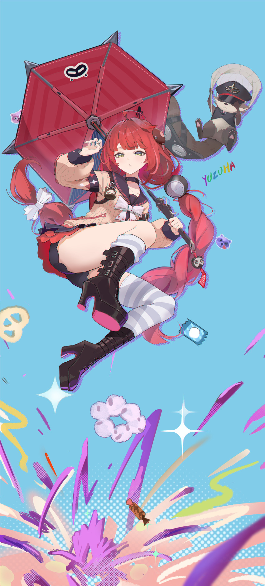 1girl absurdres ahoge black_choker black_panties black_sailor_collar black_skirt blunt_bangs blush boots bow bowtie braid brown_cardigan cardigan chest_bow choker from_below green_eyes hair_ribbon high_heel_boots high_heels highres jumping long_hair long_sleeves loose_thighhigh open_mouth panties raccoon red_hair red_umbrella ribbon sailor_collar skirt solo sphere_hair_ornament striped_clothes striped_thighhighs thighhighs twintails ukinami_yuzuha umbrella underwear upskirt user_hxvy5233 very_long_hair white_bow white_bowtie zenless_zone_zero