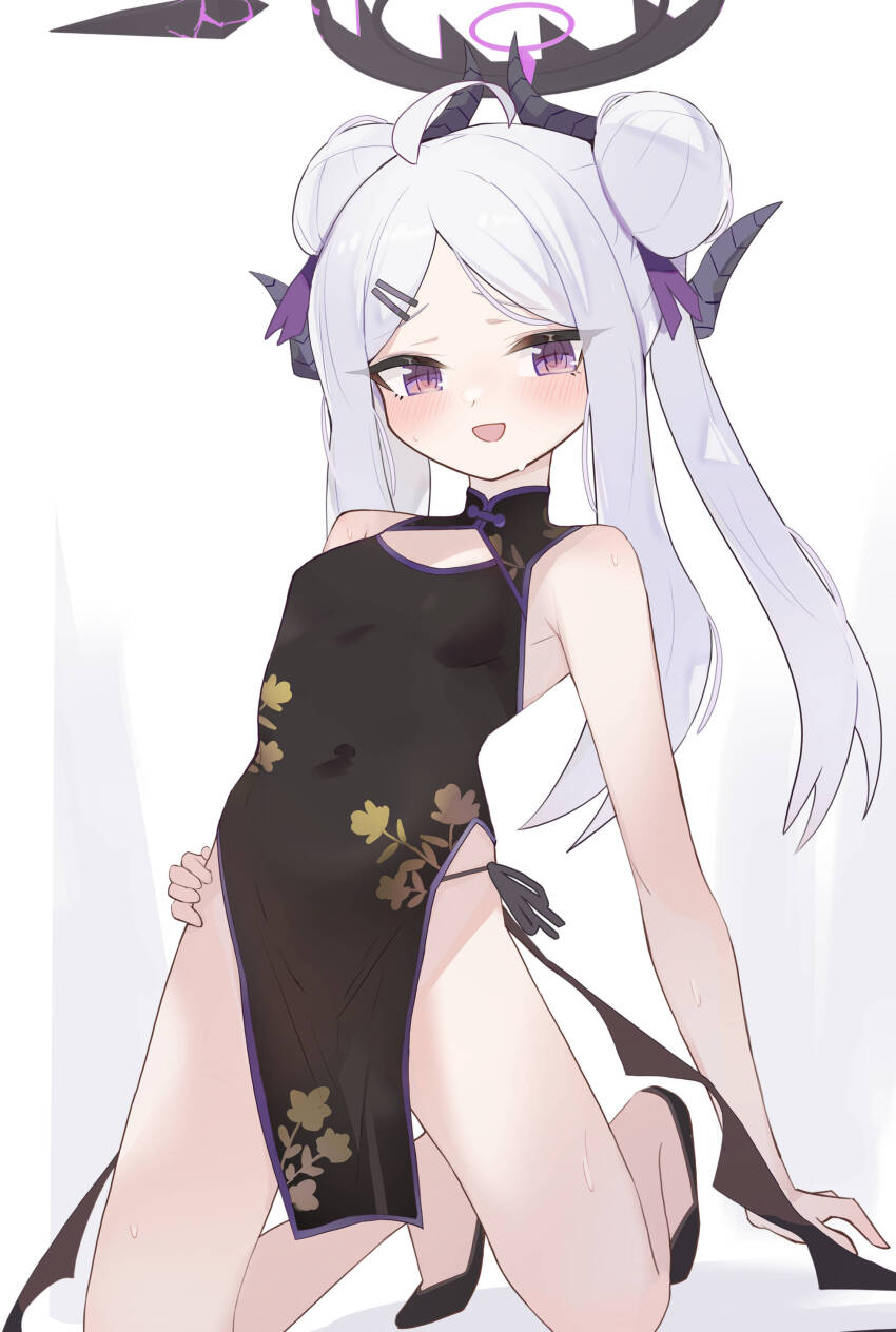 1girl absurdres ahoge alternate_costume arm_support bare_arms bare_legs bare_shoulders black_halo black_horns black_panties black_shoes black_wings blue_archive blush breasts china_dress chinese_clothes clothing_cutout covered_navel demon_girl demon_horns demon_wings dot_nose double_bun dress flower_print hair_bun hair_ornament hairclip halo hand_on_own_hip highres hina_(blue_archive) hip_vent horns kneeling loli long_hair looking_at_viewer low_wings multiple_horns no_panties open_mouth panties parted_bangs pelvic_curtain print_dress purple_eyes shoes side-tie_panties simple_background sleeveless sleeveless_dress slit_pupils small_breasts smile solo sweat thighs twintails underwear ura_ra1800 very_long_hair white_background white_hair wings