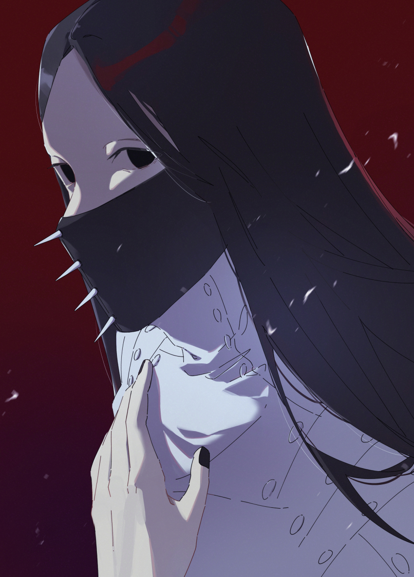 1boy absurdres as_nodt black_eyes black_hair black_mask black_nails bleach bleach:_sennen_kessen-hen close-up coat colored_skin commentary covered_mouth forehead hand_up hannahyu highres long_hair looking_at_viewer male_focus nail_polish parted_bangs red_background sidelighting simple_background solo spiked_mask straight_hair white_coat white_skin