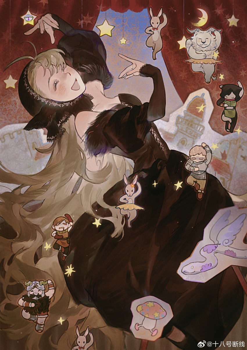 2girls 3boys absurdres analogous_colors animal_ears ballerina beard black_dress black_fur black_hair blonde_hair blood blood_from_mouth breasts brown_hair cat_ears cat_girl cat_tail chilchuck_tims cleavage closed_eyes couatl_(dungeon_meshi) dancing death dress duanzhaorz dungeon_meshi ear_covers elf facial_hair highres hood izutsumi laios_touden marcille&#039;s_monster marcille_donato marcille_donato_(lord) medium_breasts multicolored_fur multiple_boys multiple_girls mushroom mustache pointy_ears rabbit senshi_(dungeon_meshi) snake spoilers standing standing_on_one_leg star_(symbol) tail tutu walking_mushroom_(dungeon_meshi) watermark weibo_username weibo_watermark white_fur winged_lion_(dungeon_meshi)