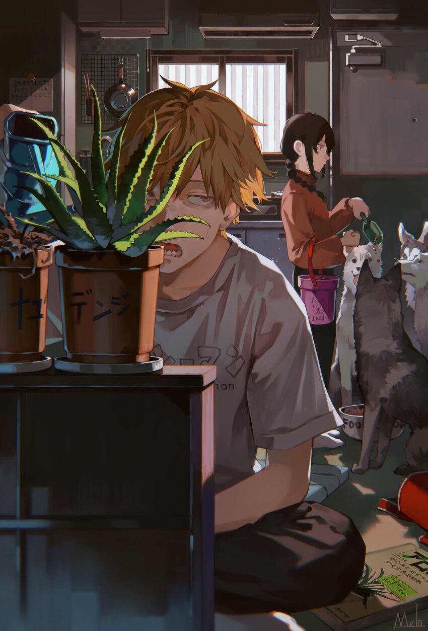 1boy 1girl absurdres black_hair blonde_hair bowl braid chainsaw_man denji_(chainsaw_man) dog feeding hair_over_shoulder highres husky indoors kitchen kyuuba_melo looking_to_the_side multiple_dogs nayuta_(chainsaw_man) open_mouth pet_bowl pet_food plant sharp_teeth shirt short_hair sidelocks single_braid sitting slice_of_life teeth watering watering_can white_shirt window