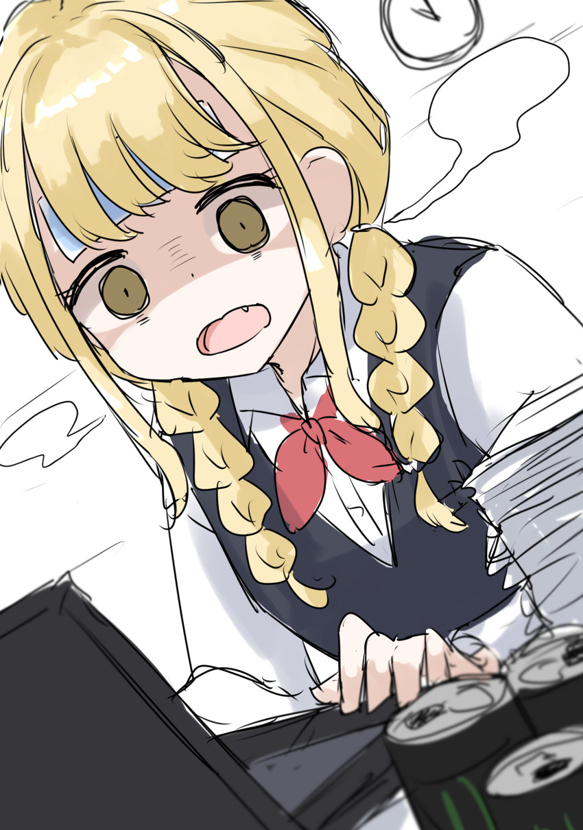 1girl absurdres bags_under_eyes blonde_hair braid can clock cold_pack commentary computer drink_can dutch_angle empty_eyes exhausted fang fujita_kotone gakuen_idolmaster highres idolmaster laptop long_hair looking_at_object low_twin_braids monster_energy paper_stack shaded_face shirt solo twin_braids white_shirt yellow_eyes yuki_(7thphoneme)
