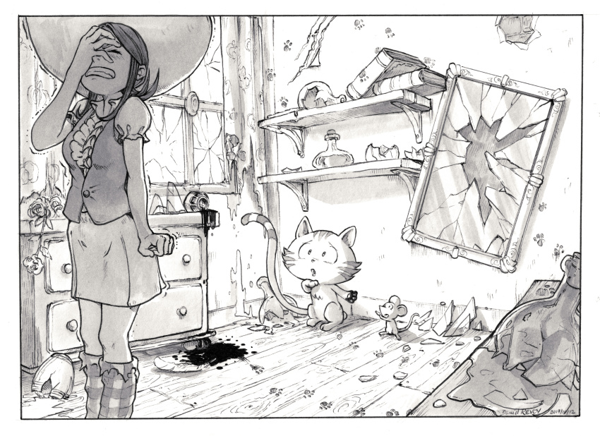 1girl 2others absurdres book breasts broken_glass broken_mirror broken_window buttons carrot_(pepper&amp;carrot) cat center_frills checkered_leg_warmers clenched_hand clenched_teeth closed_eyes collared_shirt curtains david_revoy drawer erlenmeyer_flask feathers flask frilled_shirt frills glass hair_behind_ear hand_on_own_face hat highres indoors ink_stain leg_warmers medium_breasts medium_hair miniskirt mirror mouse_(animal) multiple_others pepper&amp;carrot pepper_(pepper&amp;carrot) puffy_short_sleeves puffy_sleeves shelf shirt short_sleeves sidelocks skirt teeth vest window witch_hat