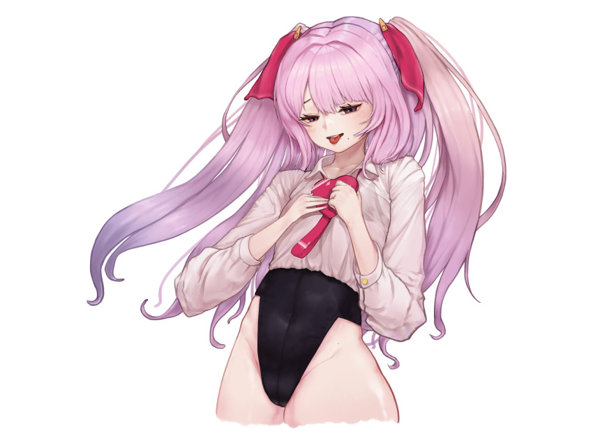 1girl absurdres ass breasts goddess_of_victory:_nikke hair_ribbon highres long_hair looking_at_viewer lsj3142 mole open_mouth pink_hair prototype_design purple_eyes ribbon shirt shorts smile solo thighs twintails white_shirt yuni_(nikke)