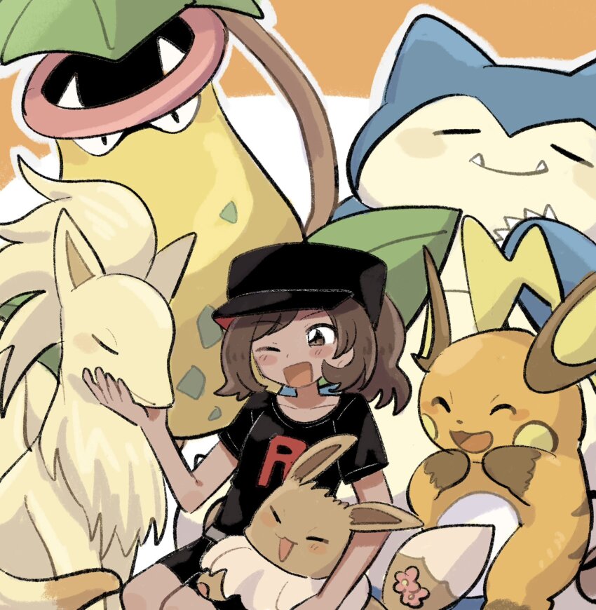 1girl ;d black_hat black_shirt black_shorts blush brown_eyes brown_hair eevee elaine_(pokemon) gen_1_pokemon han0579 hat highres looking_at_another ninetales nintendo one_eye_closed open_mouth pokemon pokemon_(creature) pokemon_lgpe ponytail raichu shirt short_sleeves shorts smile snorlax team_rocket team_rocket_uniform victreebel