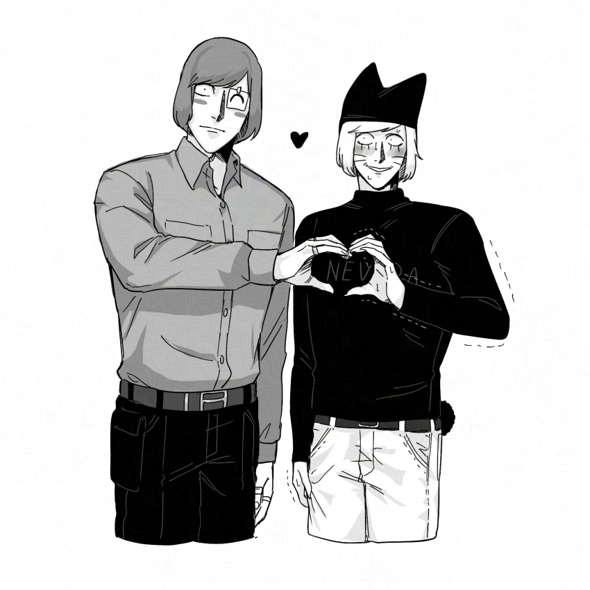 2boys animal_hat blush cat_boy cat_hat cat_tail commentary_request cowboy_shot facial_mark fingernails greyscale hand_up harunoseki0414 hat heart heart_hands highres jewelry looking_at_viewer luther_von_ivory male_focus monochrome multiple_boys multiple_rings nyen_(randal&#039;s_friends) randal&#039;s_friends ring sharp_fingernails shirt simple_background tail taped_note trembling whisker_markings white_background