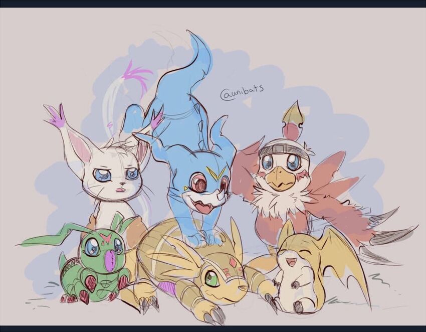 armadillo armadimon bird bug cat digimon digimon_(creature) digimon_adventure_02 hawkmon highres patamon tailmon v-mon wings wormmon