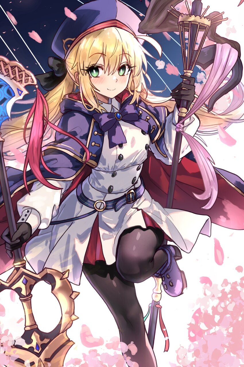 1girl absurdres artoria_caster_(fate) artoria_caster_(second_ascension)_(fate) artoria_pendragon_(fate) belt black_gloves black_pantyhose blonde_hair blue_belt blue_capelet blue_hat buttons capelet commentary double-breasted dress dual_wielding ebora english_commentary falling_petals fate/grand_order fate_(series) gloves green_eyes hair_between_eyes hat highres holding holding_staff hood hooded_capelet layered_dress long_hair long_sleeves looking_at_viewer marmyadose_(fate) o-ring o-ring_belt pantyhose petals polearm simple_background smile solo staff standing standing_on_one_leg striped_belt twintails weapon white_dress