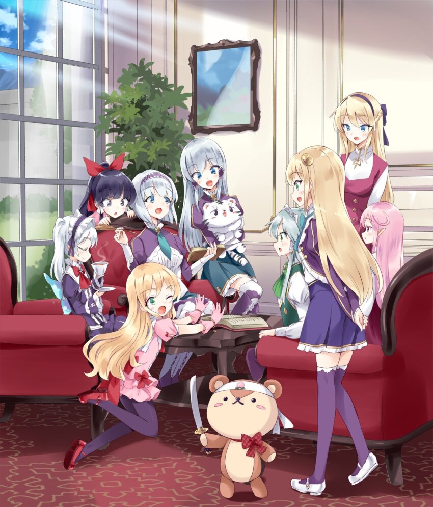 black_eyes black_hair blonde_hair blue_eyes blush breasts child dress else_shileska elze_silhoueska green_eyes hair_between_eyes hair_ornament hairband heterochromia highres hildegard_minas_restia holding isekai_wa_smartphone_to_tomo_ni. kohaku_(isekai_wa_smartphone_to_tomo_ni.) kokonoe_yae leen_(isekai_wa_smartphone_to_tomo_ni.) linse_shileska long_hair long_sleeves lucia_rea_regulus multiple_girls open_mouth paula_(isekai_wa_smartphone_to_tomo_ni.) pink_eyes pink_hair princess short_hair skirt smile solo soucie_elnea_ortlinde thighhighs usatsuka_eiji very_long_hair yumina_elnea_belfast