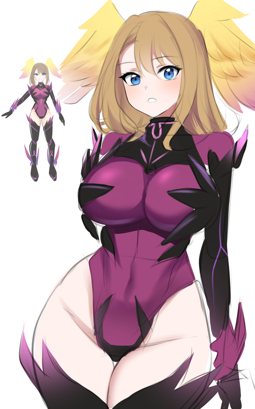 1girl :o absurdres blue_eyes breasts brown_hair eunie_(ouroboros)_(xenoblade) eunie_(xenoblade) head_wings highleg highleg_leotard highres large_breasts leotard long_hair looking_at_viewer medium_hair namu_(112namu) ouroboros_(xenoblade) parted_lips solo swept_bangs thighhighs thighs white_wings wide_hips wings xenoblade_chronicles_(series) xenoblade_chronicles_3