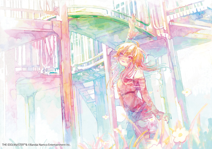 1girl arm_up bare_shoulders blush commentary_request copyright_name copyright_notice cowboy_shot dress fragments_of_the_idolmaster_cinderella_girls hair_between_eyes highres idolmaster idolmaster_cinderella_girls long_hair long_sleeves looking_at_viewer multicolored_hair ninomiya_asuka official_art oka_yuuri orange_hair outdoors pink_hair real_world_location red_dress second-party_source smile solo stairs standing two-tone_hair watercolor_effect