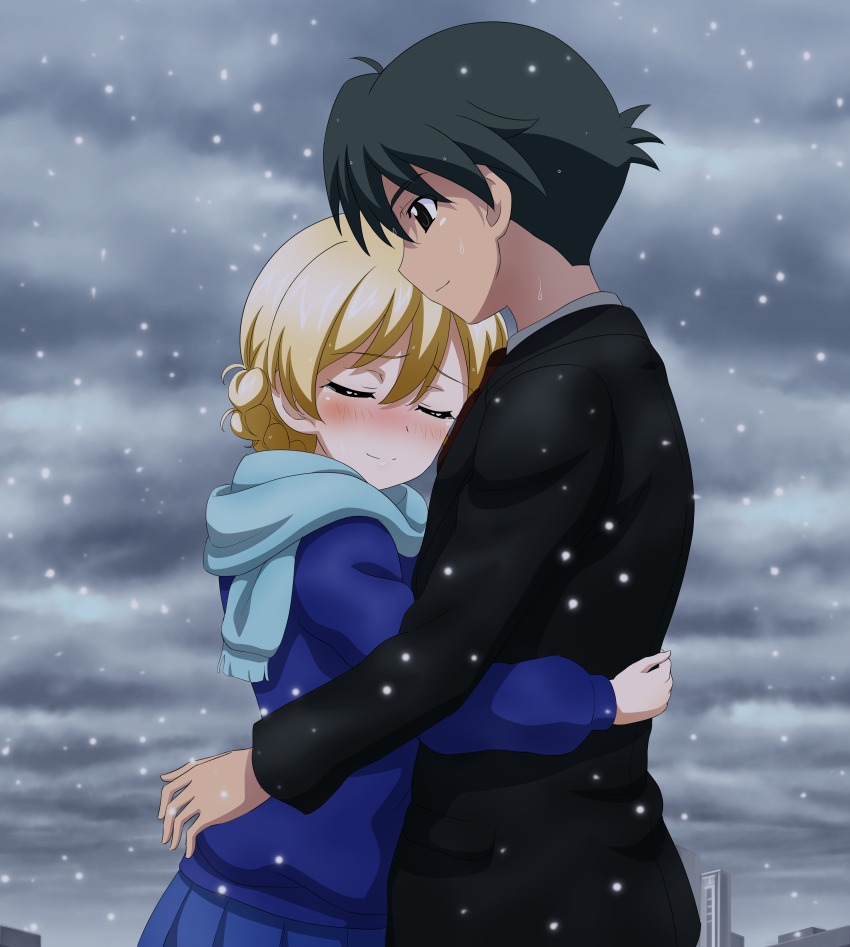 1boy 1girl absurdres black_hair black_jacket blonde_hair closed_eyes commission commissioner_upload crossover darjeeling_(girls_und_panzer) girls_und_panzer girls_und_panzer_senshadou_daisakusen! highres hug itou_makoto_(school_days) jacket key_(gaigaigai123) school_days school_days_hq school_days_lxh second-party_source smile snow snowing tears