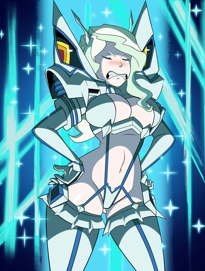 1girl absurdres blonde_hair blush breasts cleavage cleavage_cutout clenched_teeth closed_eyes clothing_cutout company_connection cosplay crossover diana_cavendish embarrassed frown gloves grimphantom hands_on_own_hips highres junketsu kill_la_kill kiryuuin_satsuki_(cosplay) large_breasts little_witch_academia long_hair multicolored_hair navel parody solo sparkle_background teeth thick_thighs thighhighs thighs trigger_(company) white_gloves white_thighhighs