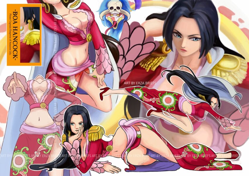 1girl artist_name black_hair blue_eyes boa_hancock breasts character_name cleavage closed_mouth commentary earrings epaulettes erza_briefs head_rest high_heels highres jewelry kicking kuja_pirates_jolly_roger long_hair long_sleeves lying midriff multiple_views navel on_side one_piece open_mouth pointing red_shoes salome_(one_piece) shoes side_slit sidelocks skirt snake_earrings