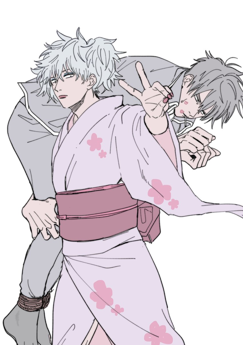 2boys absurdres black_hair black_jacket black_pants bound bound_ankles bound_wrists bruise bruise_on_face carrying carrying_person collared_jacket commentary_request crossdressing floral_print ghqjyu gintama grey_hair highres hijikata_toushirou injury jacket japanese_clothes kimono lipstick long_sleeves looking_to_the_side makeup male_focus multiple_boys outstretched_arm pants sakata_gintoki sideways_glance simple_background v white_background wide_sleeves wing_collar