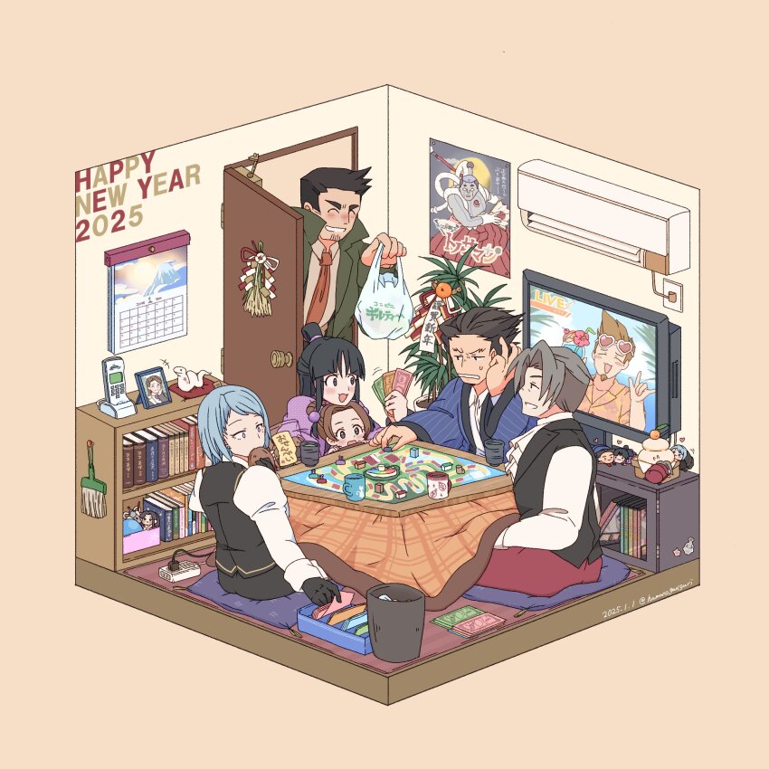 3girls 4boys ace_attorney air_conditioner ascot bag beard_stubble black_gloves black_hair black_vest blue_hair board_game bookshelf calendar_(object) character_doll closed_eyes coat collared_shirt cup dick_gumshoe earrings facial_hair food food_in_mouth franziska_von_karma gloves green_coat grey_hair hair_bobbles hair_ornament hamanoguriguri happy_new_year highres holding holding_bag indoors jewelry juliet_sleeves kotatsu larry_butz long_hair long_sleeves maya_fey miles_edgeworth mug multiple_boys multiple_girls necktie new_year opening_door orange_necktie pants pearl_fey phoenix_wright phone photo_(object) plastic_bag poster_(object) power_strip puffy_long_sleeves puffy_sleeves red_pants senbei shelf shirt short_hair sitting sitting_on_pillow smile spiked_hair steel_samurai stubble table teeth television the_game_of_life_(board_game) topknot trash_can vest w white_ascot
