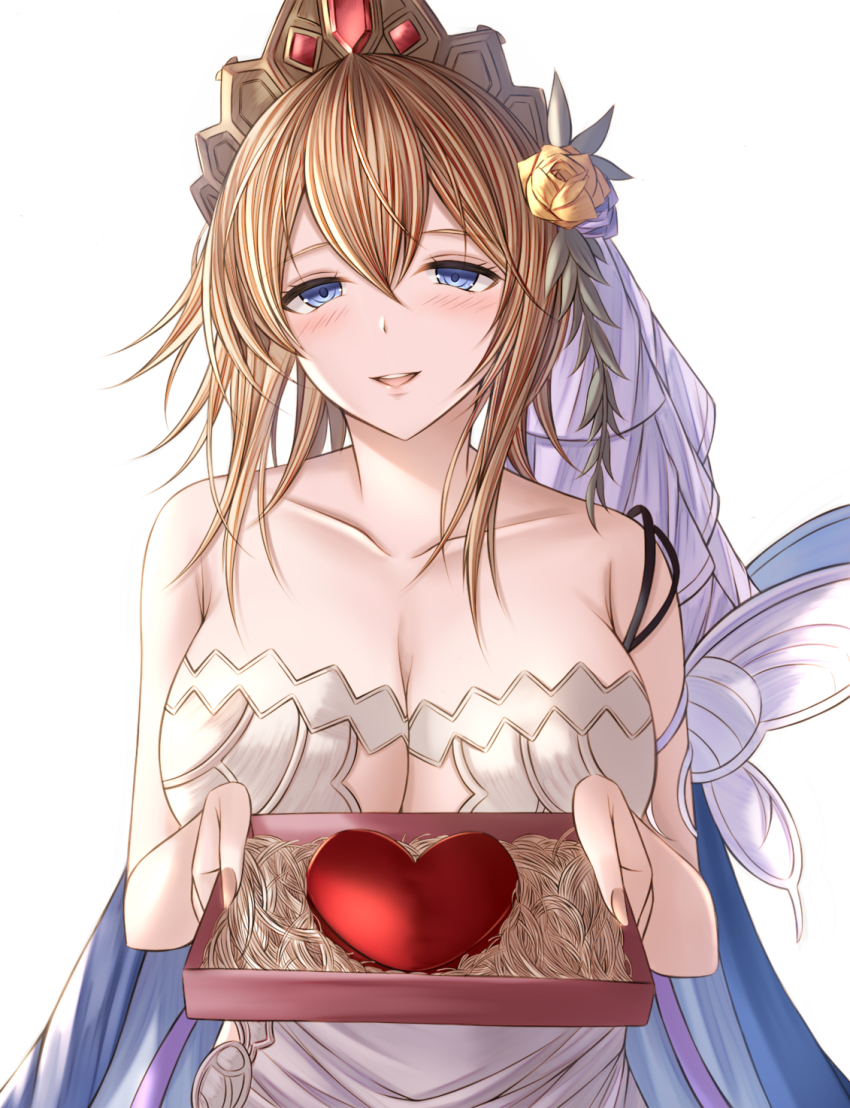 1girl bare_shoulders blonde_hair blue_eyes box breasts candy chocolate chocolate_heart cleavage collarbone dress europa_(granblue_fantasy) flower food granblue_fantasy hair_flower hair_ornament heart heart-shaped_food highres holding holding_box kanpyou_(hghgkenfany) large_breasts medium_hair simple_background solo tiara upper_body white_background white_dress yellow_flower