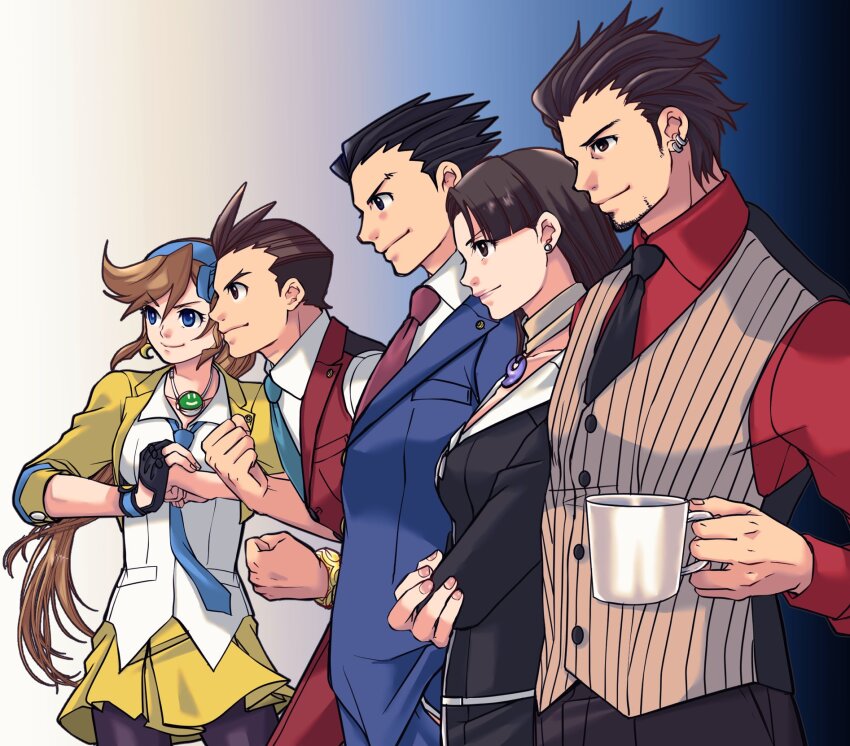 2girls 3boys ace_attorney apollo_justice athena_cykes beard black_eyes black_hair black_jacket black_necktie black_pantyhose blue_eyes blue_necktie blue_ribbon blue_suit bracelet brown_eyes brown_hair coffee_mug crescent crescent_earrings cup diego_armando earrings facial_hair fist_in_hand formal_clothes from_side gloves hair_ribbon highres holding holding_cup jacket jewelry long_hair looking_to_the_side mia_fey mug multiple_boys multiple_girls necklace necktie open_clothes open_jacket orange_hair pantyhose partially_fingerless_gloves phoenix_wright ragi_(od6fine) red_necktie red_suit ribbon shirt short_hair single_glove smile spiked_hair suit vest white_shirt yellow_jacket
