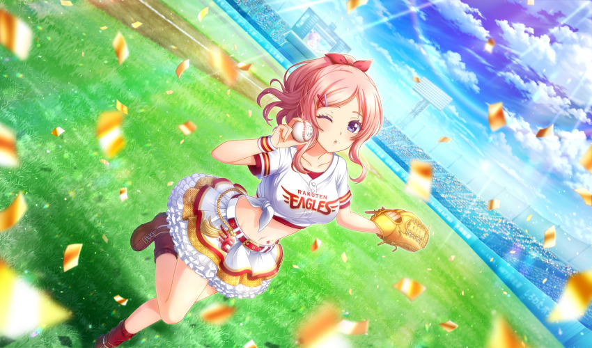 1girl ;o ball baseball baseball_(object) baseball_glove baseball_stadium baseball_uniform belt belt_buckle blurry bow buckle cinderella_series cloud collarbone confetti crowd depth_of_field dutch_angle foot_out_of_frame frilled_skirt frills game_cg hachigatsu_no_cinderella_nine hair_bow hair_ornament hairclip hanayama_emi high_ponytail highres holding holding_ball leg_up light_rays long_hair looking_at_viewer navel nippon_professional_baseball non-web_source official_art on_grass one_eye_closed outdoors parted_bangs parted_lips pink_hair ponytail purple_eyes red_belt red_bow red_footwear red_socks red_undershirt scoreboard screen_zoom shirt shirt_under_shirt skirt sky socks solo sportswear standing standing_on_one_leg sunbeam sunlight tied_shirt touhoku_rakuten_golden_eagles white_shirt wristband