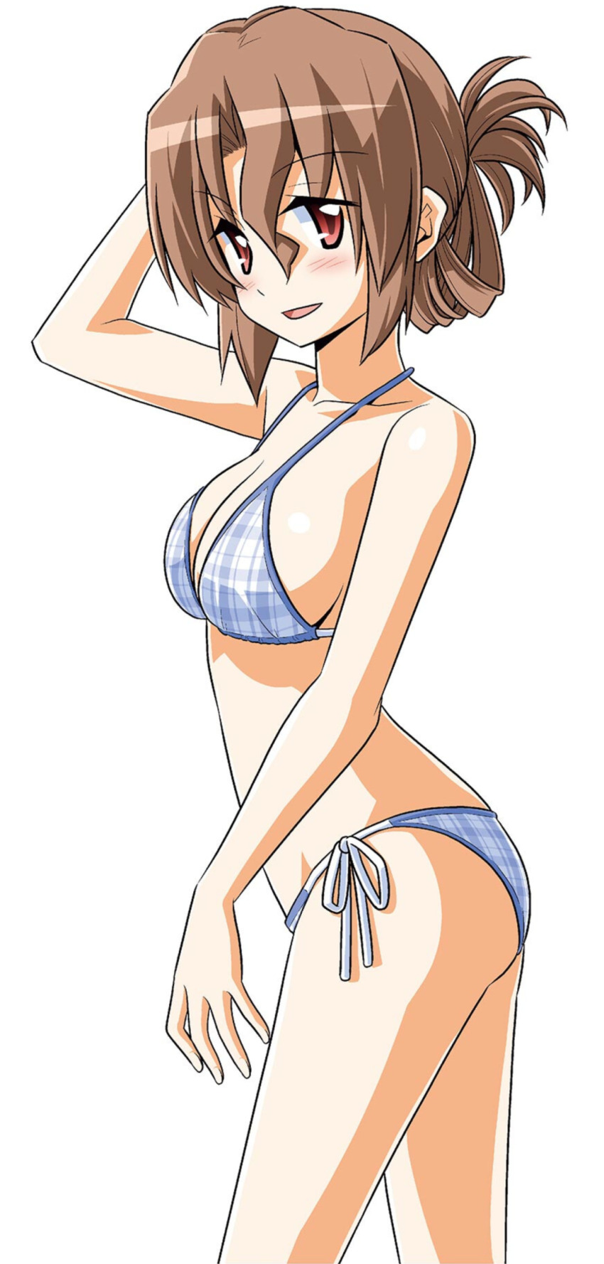 1girl arm_up ass bare_shoulders bikini blue_bikini blush breasts brown_hair cleavage collarbone folded_ponytail hata_kenjirou hayate_no_gotoku! highres large_breasts looking_at_viewer maria_(hayate_no_gotoku!) open_mouth red_eyes sideboob simple_background smile solo standing stomach swimsuit thighs white_background